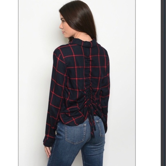 Navy & Red Long Sleeve Checkered Top - Picture 2 of 6